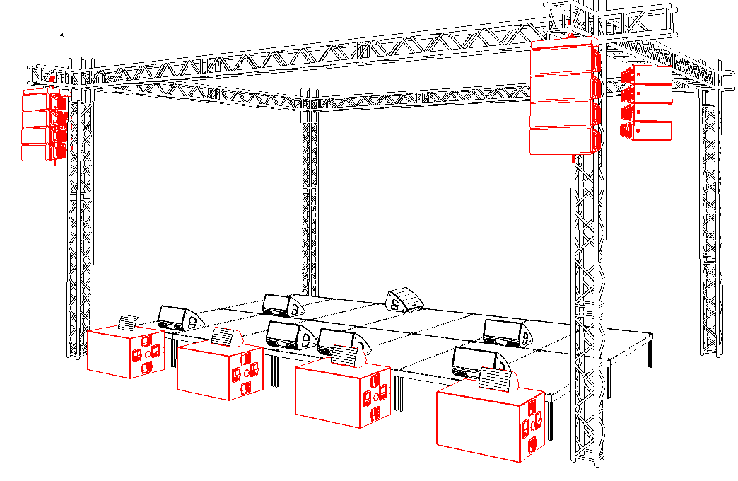 A CAD plot of a stage, truss and lighting positions